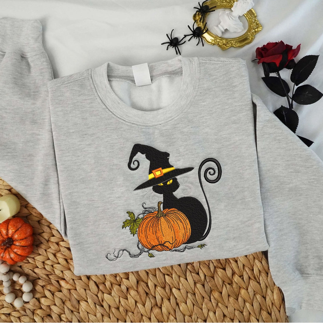 Black Cat with Hat and Pumpkin Sweatshirt, Halloween Embroidery Sweatshirt HLW_M248