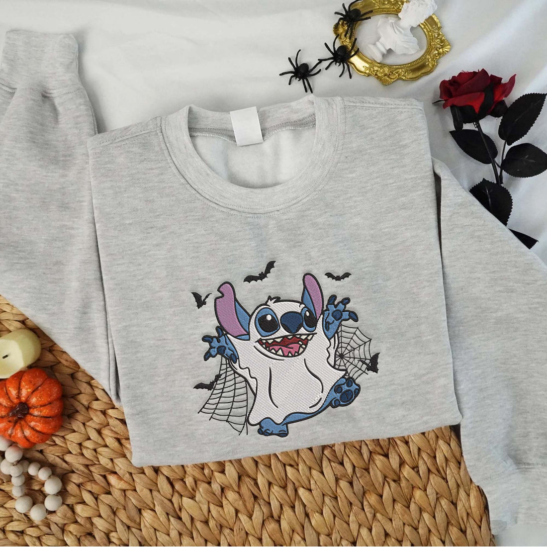 Cartoon Ghost with Spiderweb Halloween Embroidery Sweatshirt, Halloween Embroidery Sweatshirt HLW_M989