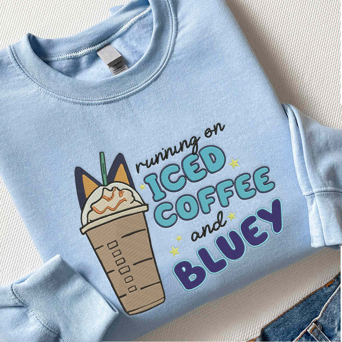 Running On Iced Coffee Embroidery Sweatshirt, Custom Kids Name on Sleeve Sweatshirt B_M76