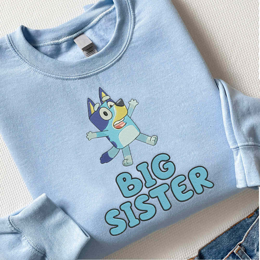 Cute Blue Dog Big Sister Embroidery Sweatshirt, Blue Dog Big  Sister Queen Sweatshirt B_M55