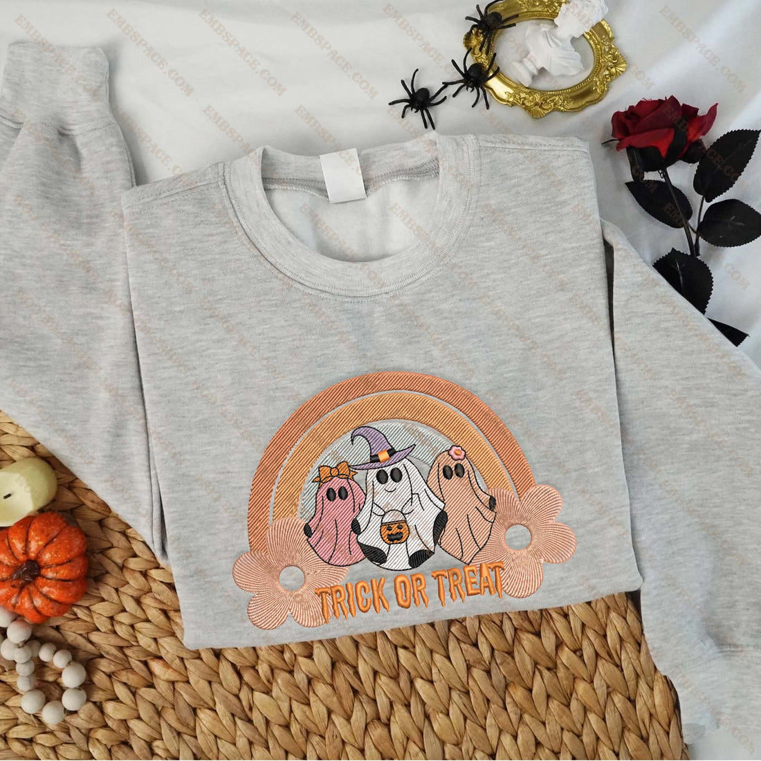 Trick Or Treat Ghost Rainbow Embroidery Sweatshirt, Halloween Embroidery Sweatshirt HLW_M1593