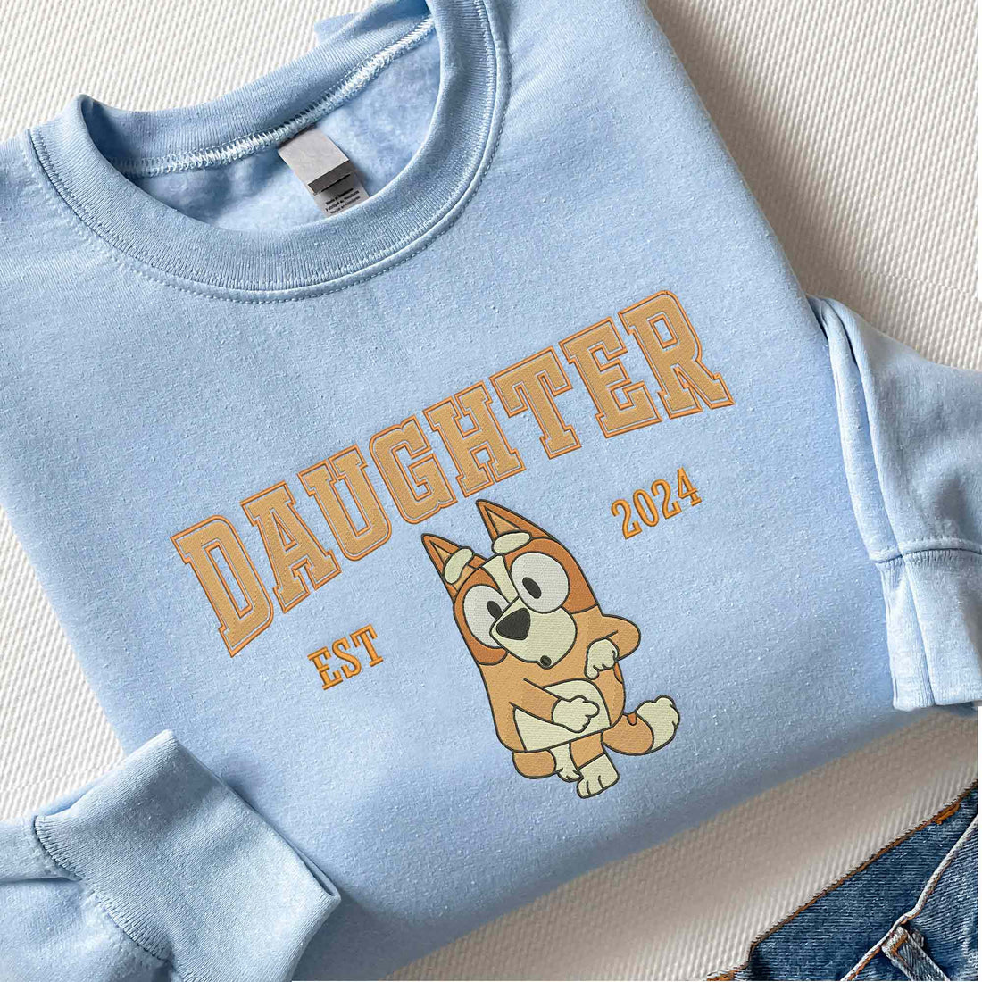 Cute Blue Daughter Embroidery Sweatshirt, Custom Kids Name on Sleeve Sweatshirt B_M49