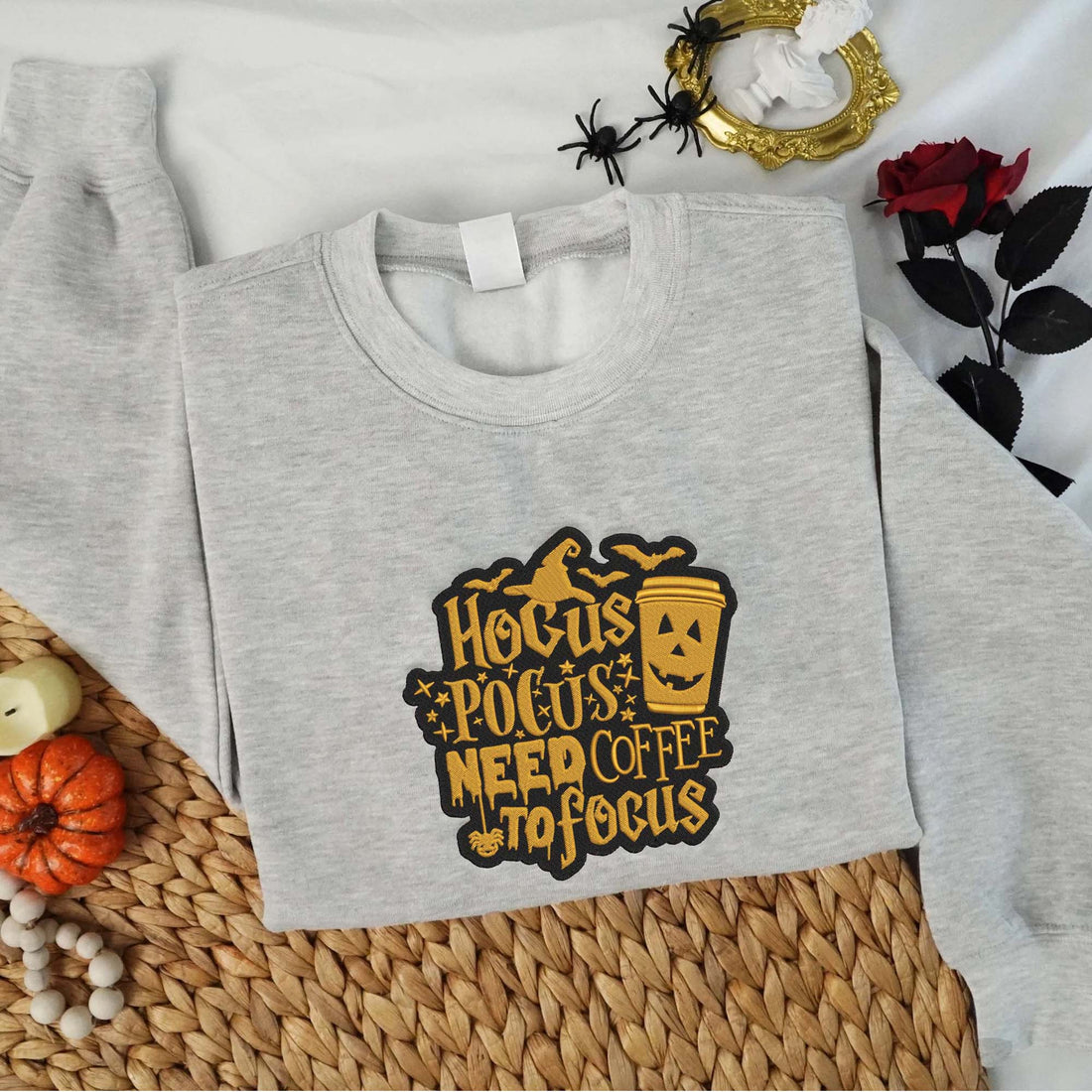 Halloween I Need Coffee To Focus Sweatshirt, Halloween Embroidery Sweatshirt HLW_M780