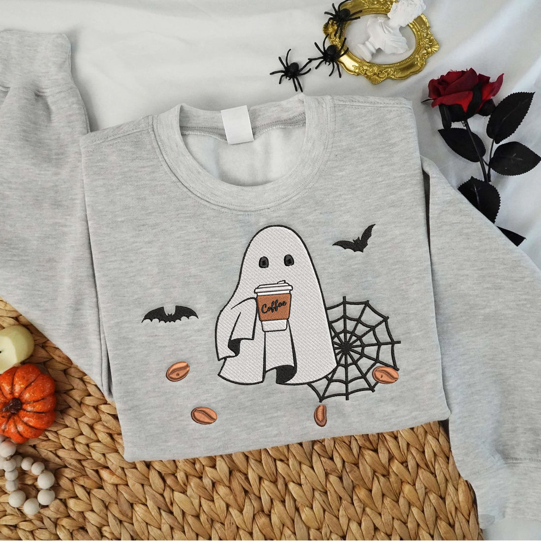 Ghost Drink Coffee Embroidery Sweatshirt, Halloween Embroidery Sweatshirt HLW_M375