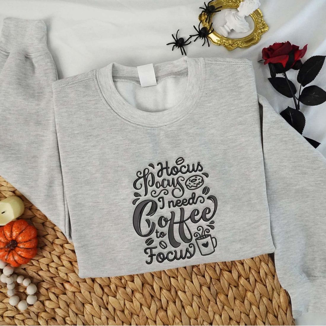 I Need Coffee To Focus Halloween Embroidery Sweatshirt, Halloween Embroidery Sweatshirt HLW_M776