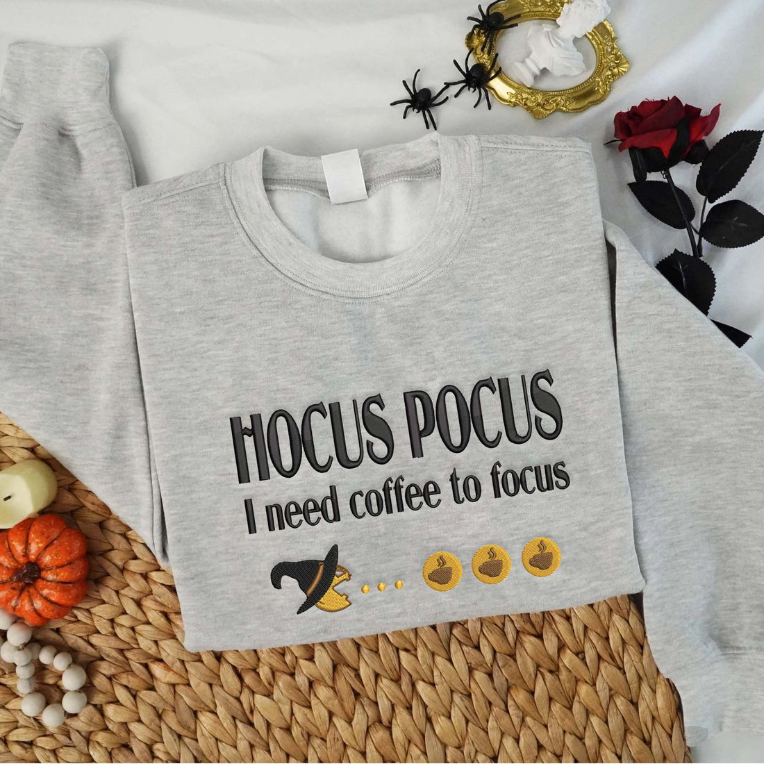 I Need Coffee To Focus Halloween Sweatshirt, Halloween Embroidery Sweatshirt HLW_M775
