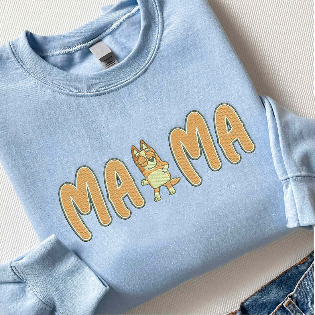 Cute Mama Blue Dog Embroidery Sweatshirt, Custom Kids Name on Sleeve Sweatshirt B_M50