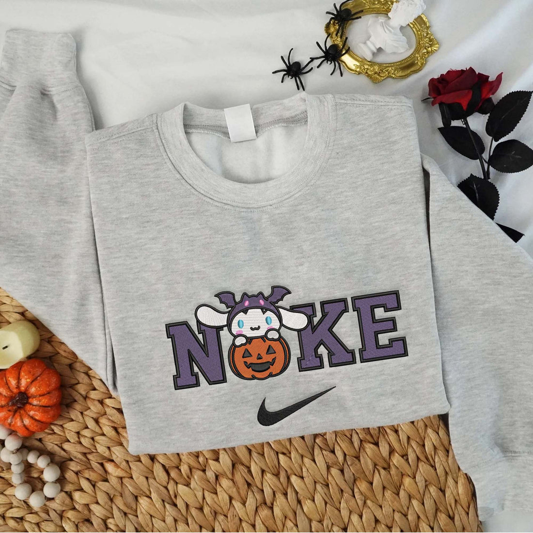 N Cat Wearing Bat Hat in Pumpkin Sweatshirt, Halloween Embroidery Sweatshirt HLW_M757