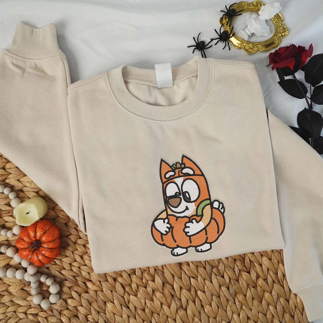 Blue Dog in Pumpkin Halloween Embroidery Sweatshirt, Halloween Embroidery Sweatshirt HLW_M1189
