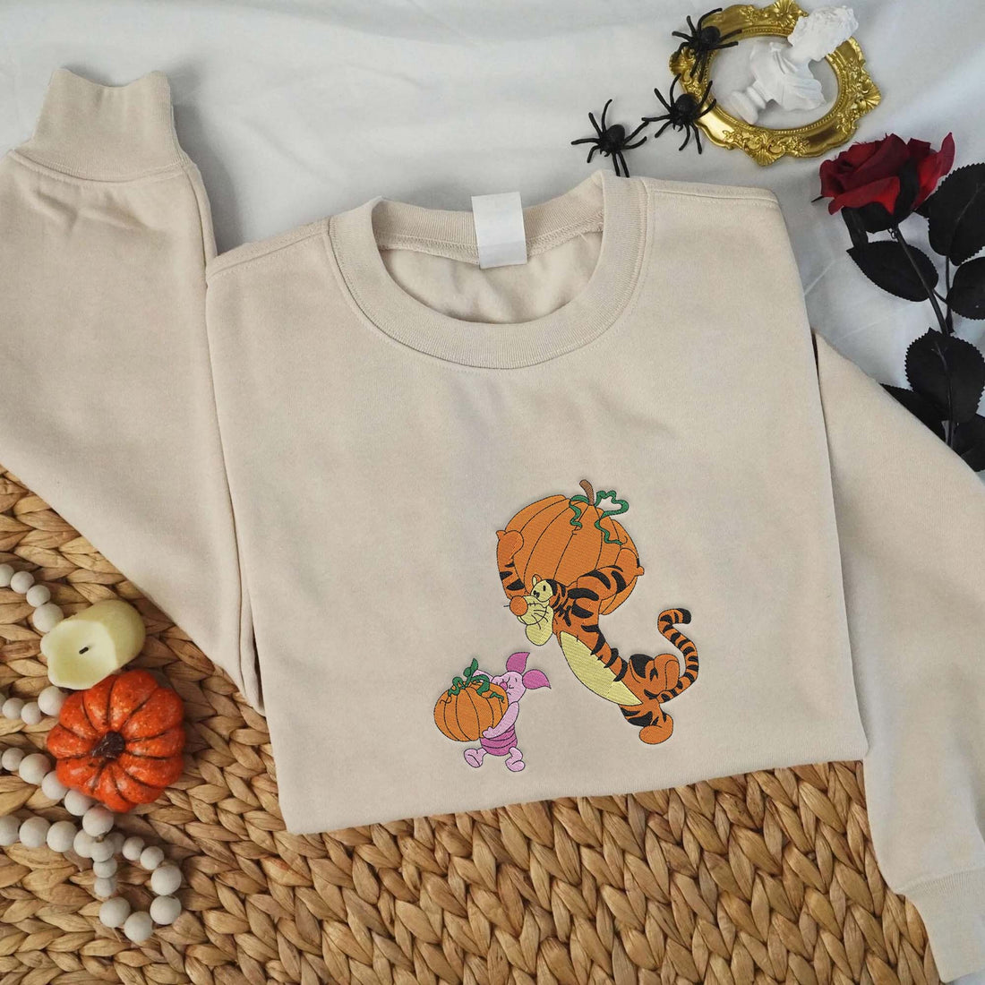 Pig and Tiger with Pumpkin Halloween Embroidery Sweatshirt, Halloween Embroidery Sweatshirt HLW_M1047