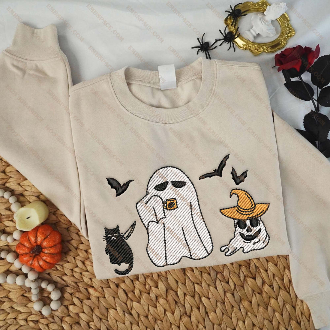 Witch Ghosts Black Cat Embroidery Sweatshirt, Halloween Embroidery Sweatshirt HLW_M1596