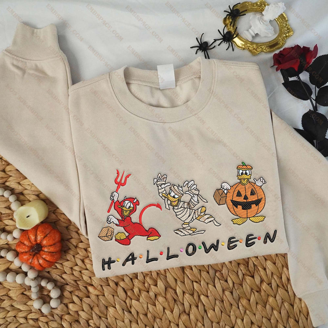 Cartoon Duck And Pumpkin Halloween Embroidery Sweatshirt, Halloween Embroidery Sweatshirt HLW_M1521