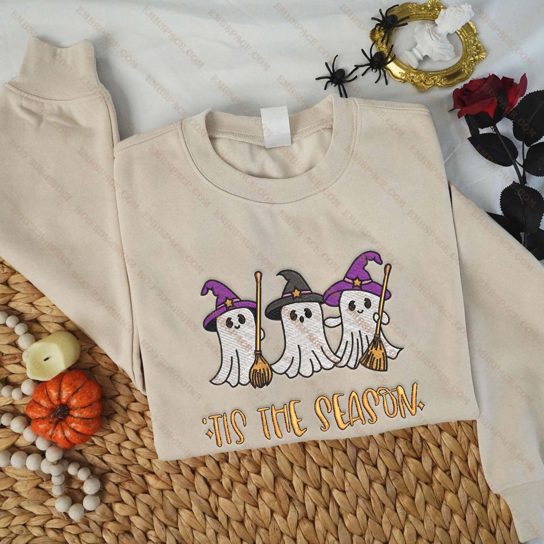 Witch Ghosts Tis The Season Embroidery Sweatshirt, Halloween Embroidery Sweatshirt HLW_M1597