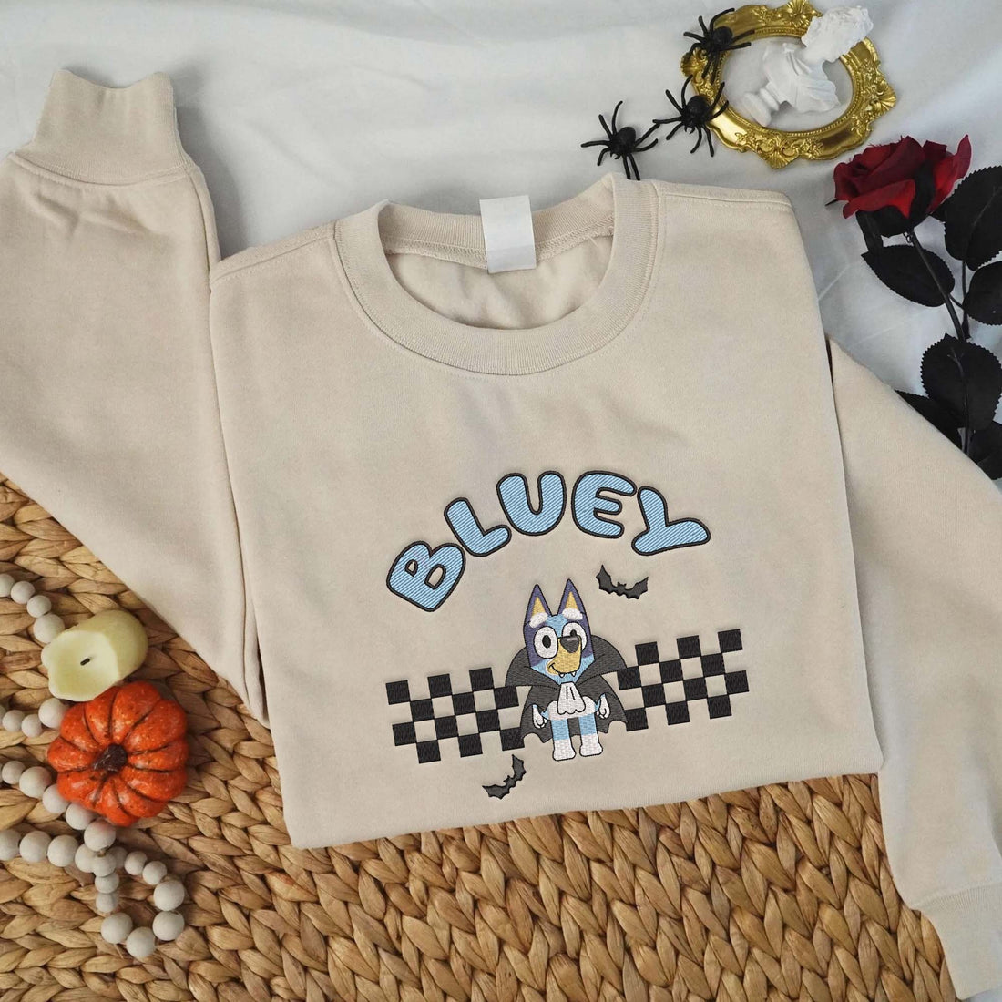Blue Dog with Bat Halloween Embroidery Sweatshirt, Halloween Embroidery Sweatshirt HLW_M1152