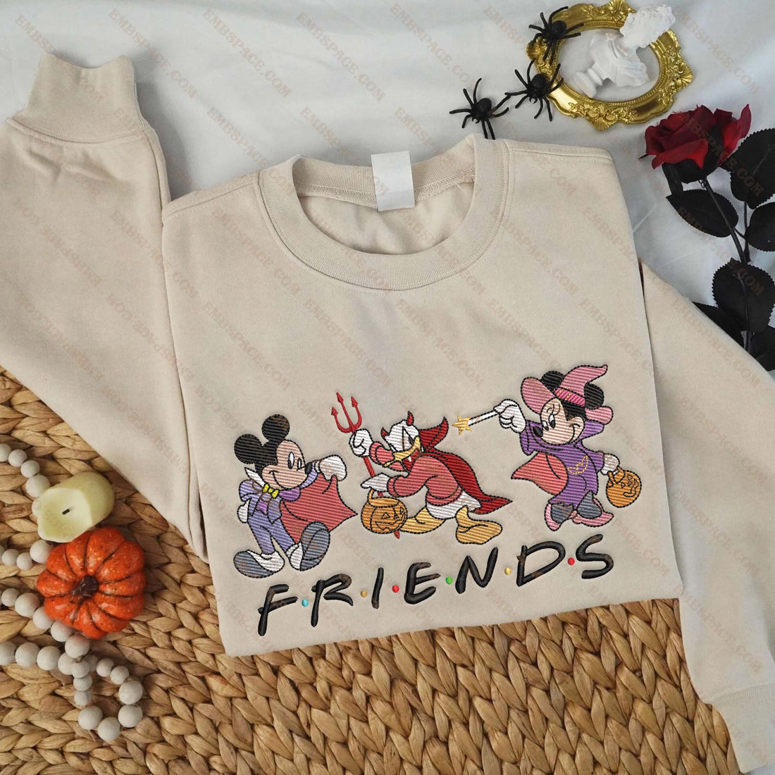 Cartoon Mouse Couple And Friend Halloween Embroidery Sweatshirt, Halloween Embroidery Sweatshirt HLW_M1522