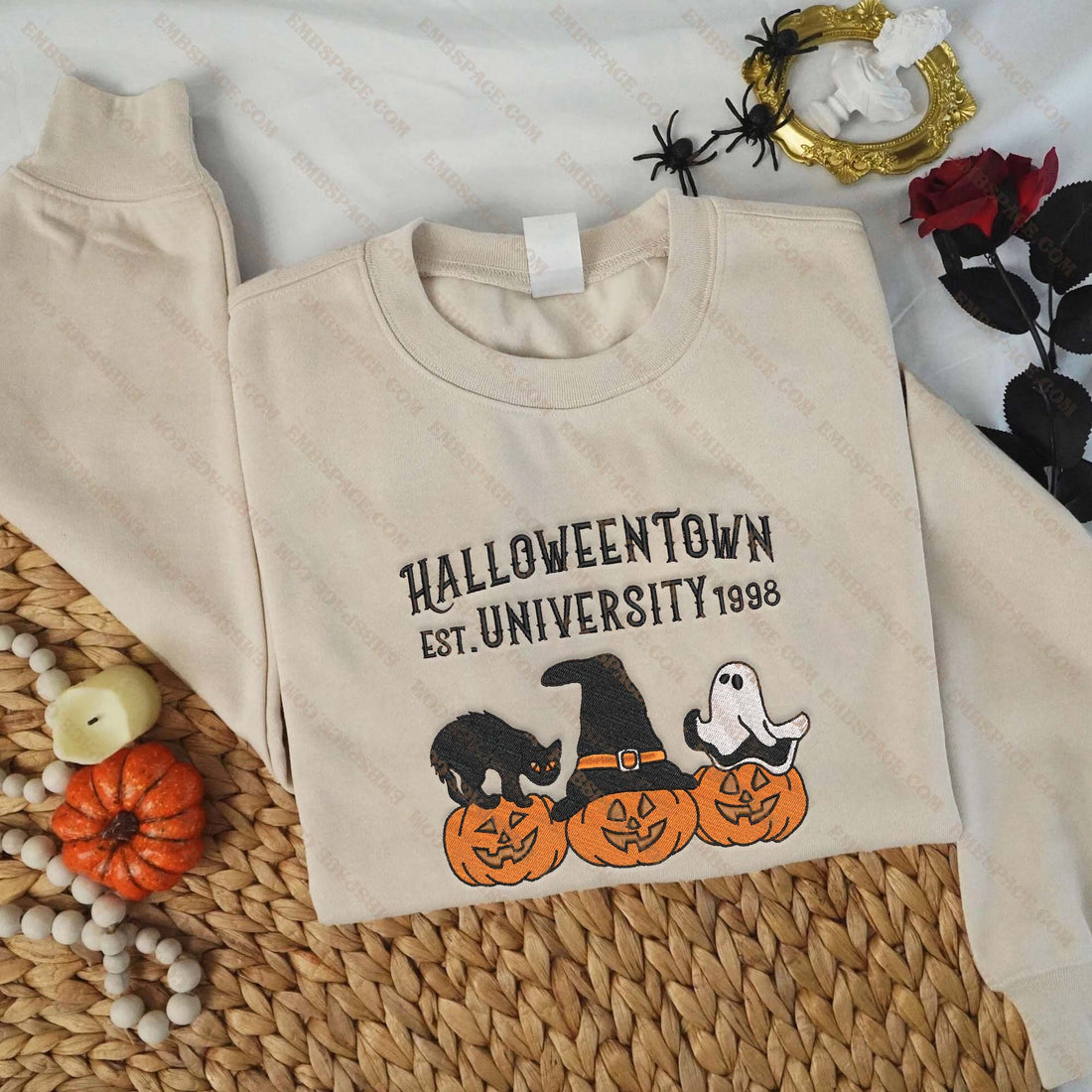 Pumpkin Black Cat Ghost University EST 1998 Embroidery Sweatshirt, Halloween Embroidery Sweatshirt HLW_M1628