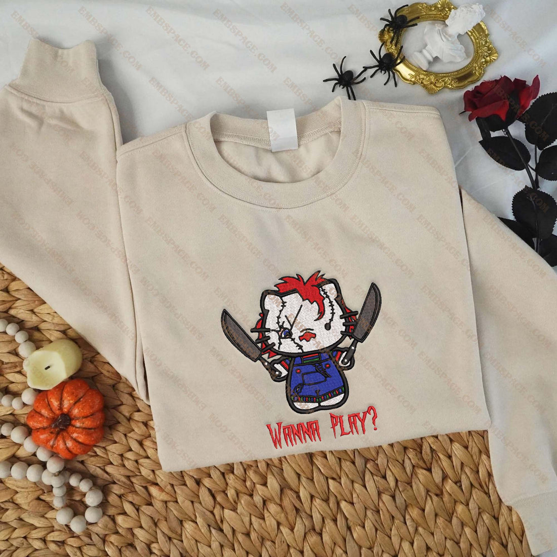 Cat Clown Carry Knife Halloween Embroidery Sweatshirt, Halloween Embroidery Sweatshirt HLW_M1464