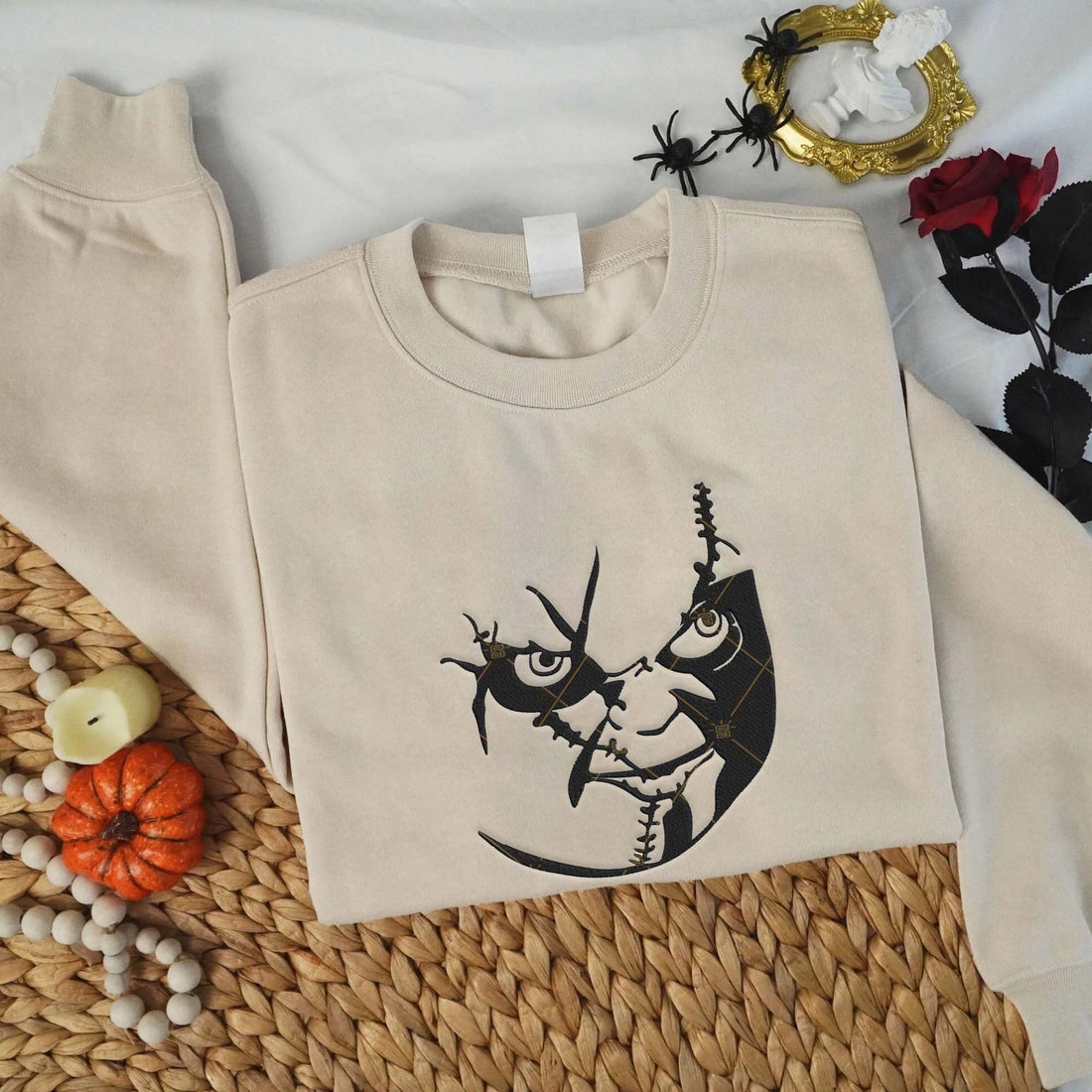 Face Doll Horror Halloween Embroidery Sweatshirt, Halloween Embroidery Sweatshirt HLW_M1398
