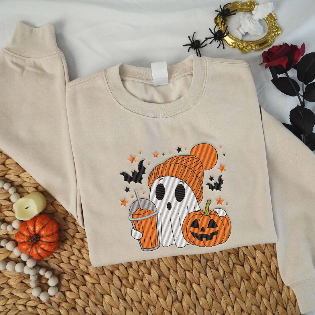 Ghost Carry Pumpkin and Ice Tea Halloween Embroidery Sweatshirt, Halloween Embroidery Sweatshirt HLW_M1372
