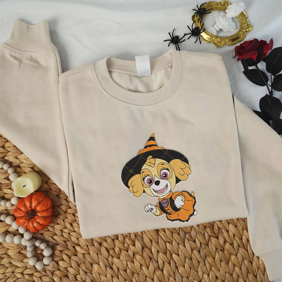 Dog Witch Flying Halloween Embroidery Sweatshirt, Halloween Embroidery Sweatshirt HLW_M1409