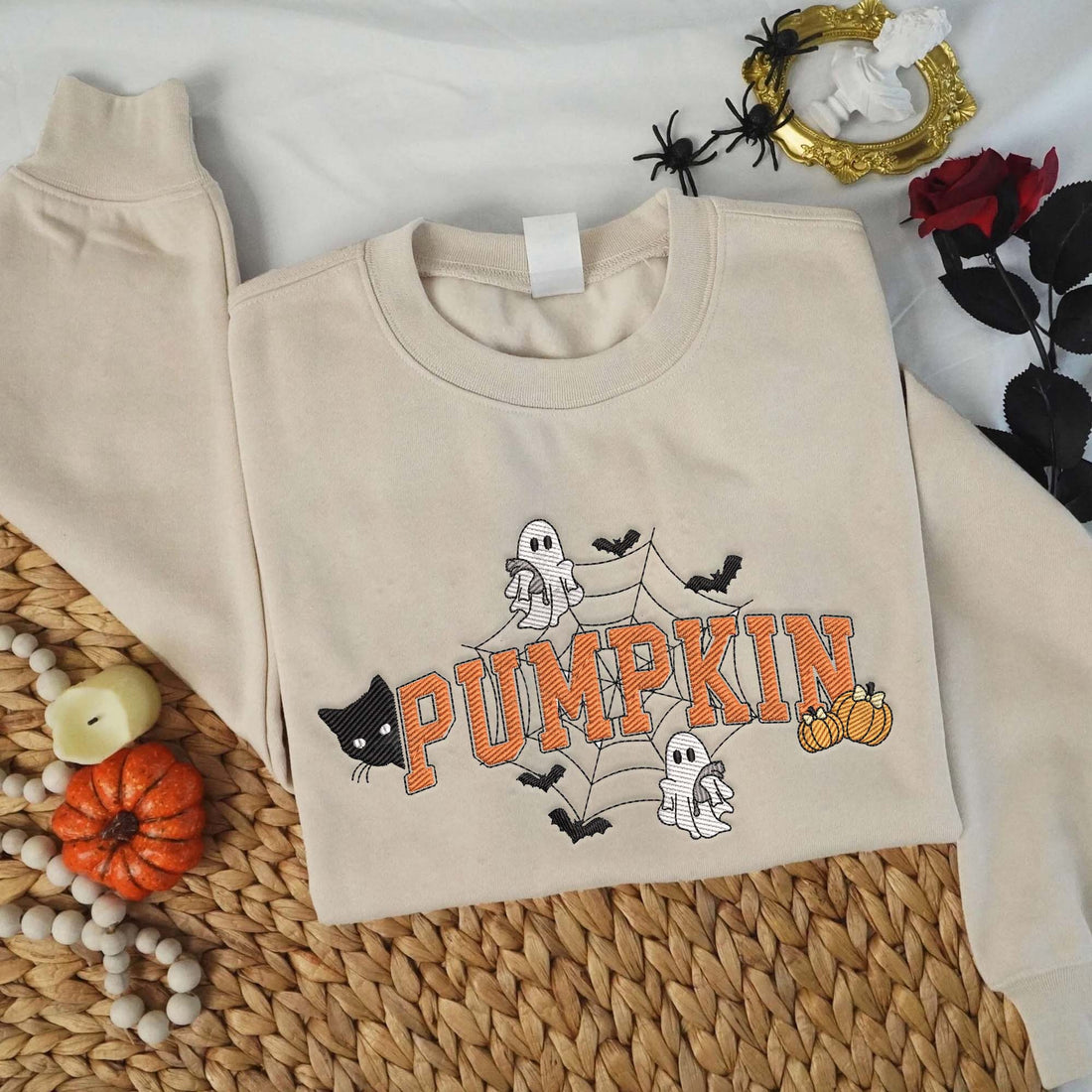 Pumpkin Ghost Spiderweb And Black Cat Sweatshirt, Halloween Embroidery Sweatshirt HLW_M1303