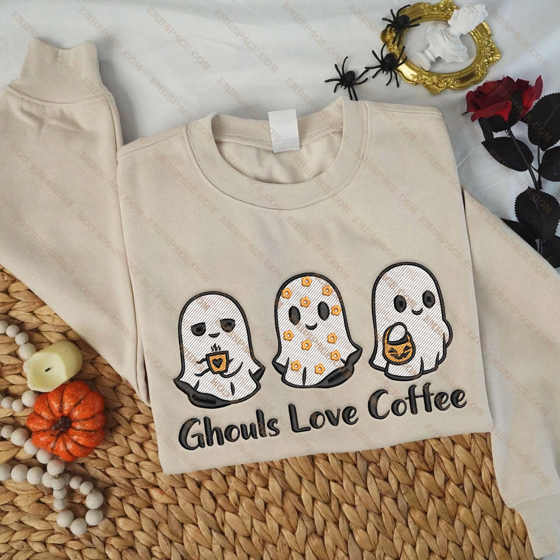 Ghouls Love Coffee Ghost Embroidery Sweatshirt, Halloween Embroidery Sweatshirt HLW_M1572
