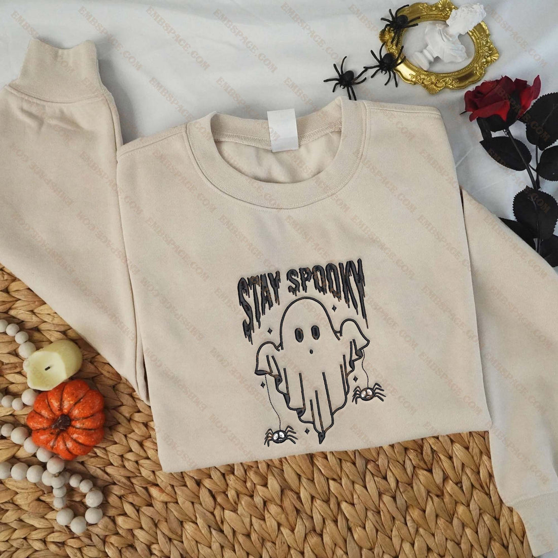 Retro Stay Spooky Spiderweb Ghost Embroidery Sweatshirt, Halloween Embroidery Sweatshirt HLW_M1588