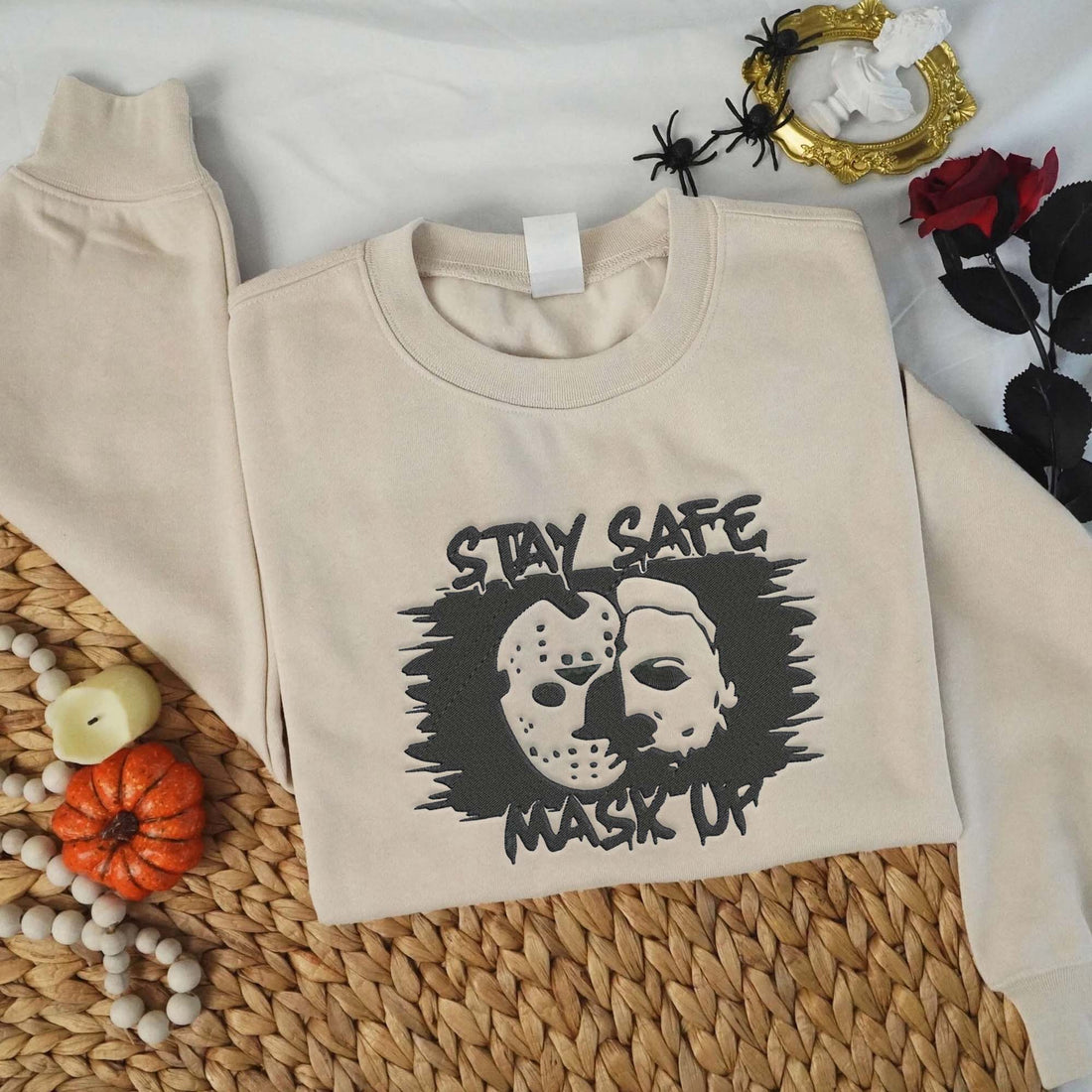 Stay Safe Mask Up Halloween Embroidery Sweatshirt, Halloween Embroidery Sweatshirt HLW_M892