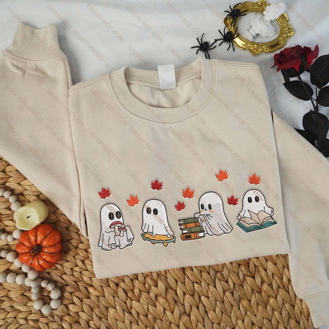Halloween Cute Ghost Reading Books Embroidery Sweatshirt, Halloween Embroidery Sweatshirt HLW_M1505