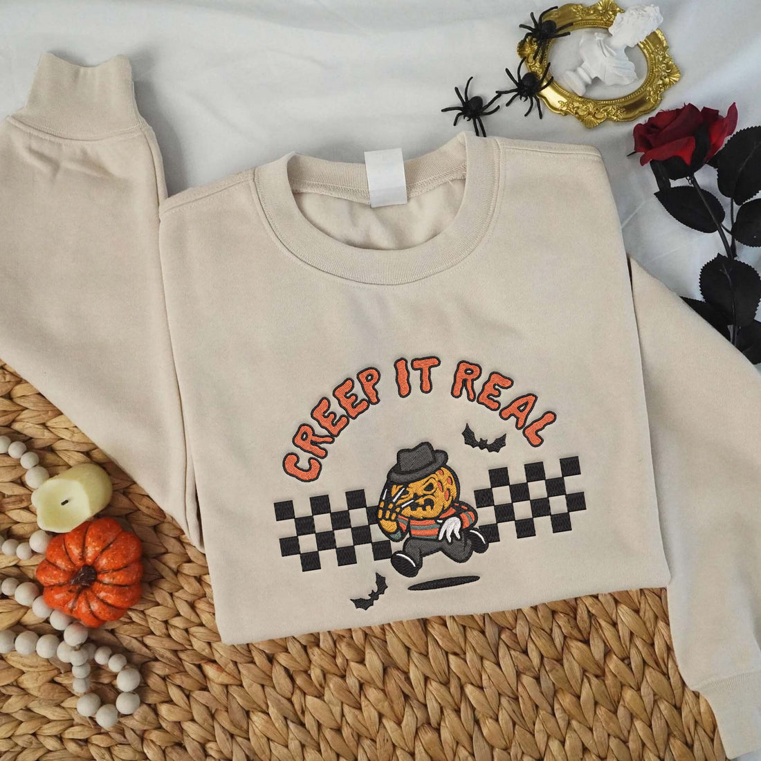 Creep It Real Horror with Head Pumpkin Halloween Embroidery Sweatshirt, Halloween Embroidery Sweatshirt HLW_M1162