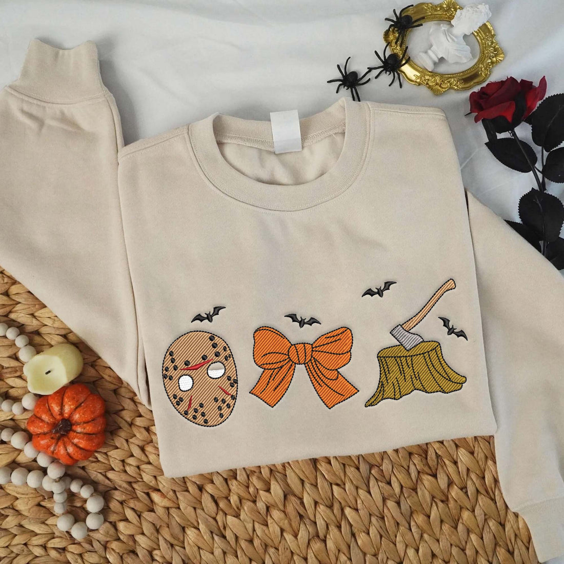 Mask Bow Tie Axe Halloween Embroidery Sweatshirt, Halloween Embroidery Sweatshirt HLW_M1366