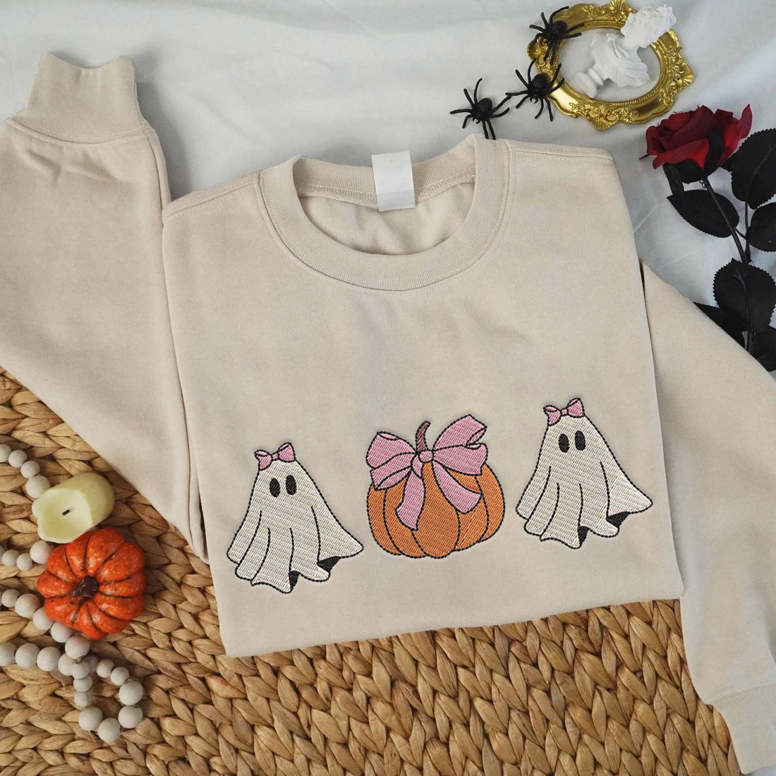 Couple Ghost And Pumpkin Halloween Embroidery Sweatshirt, Halloween Embroidery Sweatshirt HLW_M1377