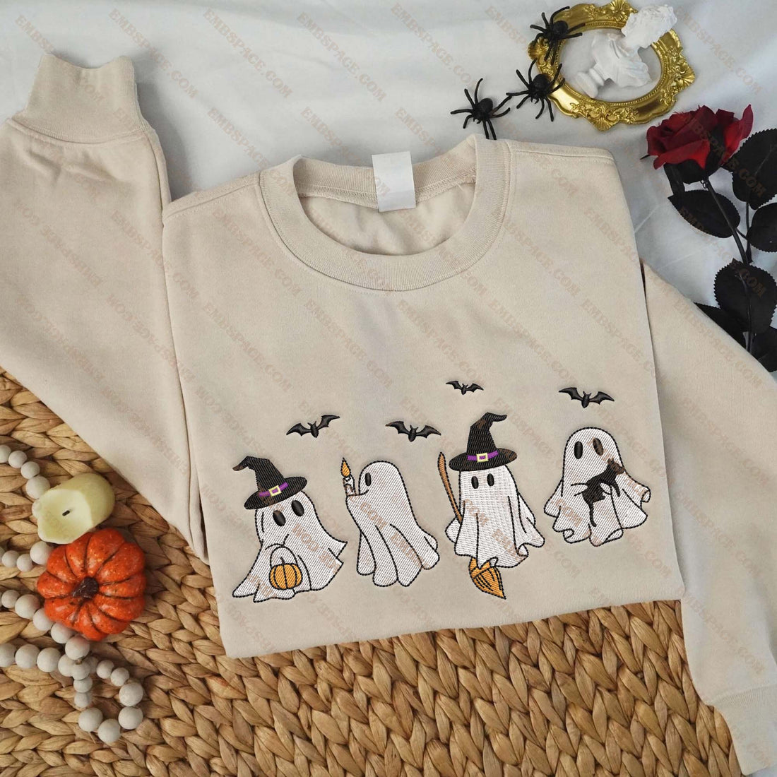 Halloween Cute Four Ghost Embroidery Sweatshirt, Halloween Embroidery Sweatshirt HLW_M1502