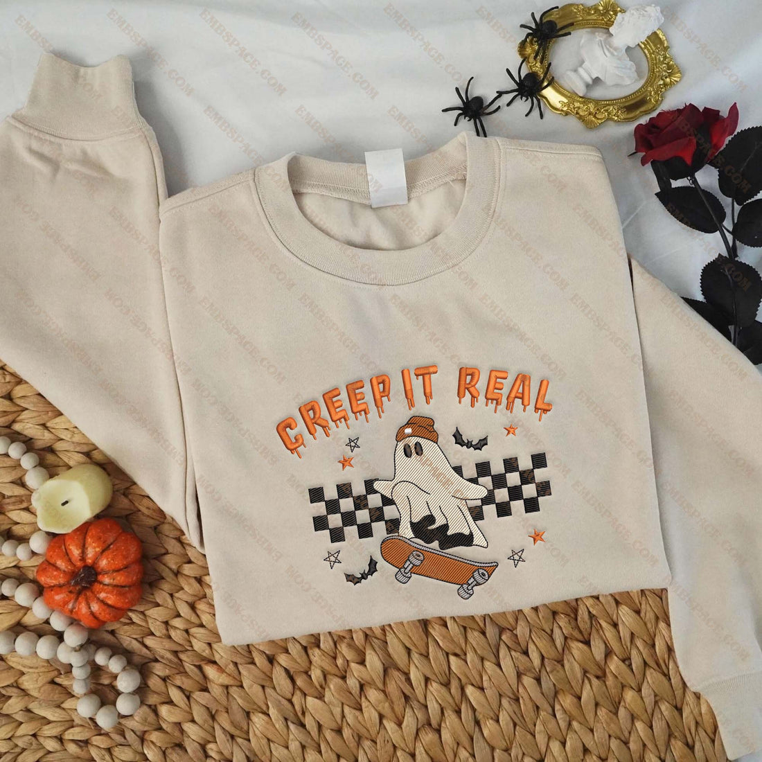 Halloween Cute Creep It Real Ghost Embroidery Sweatshirt, Halloween Embroidery Sweatshirt HLW_M1503