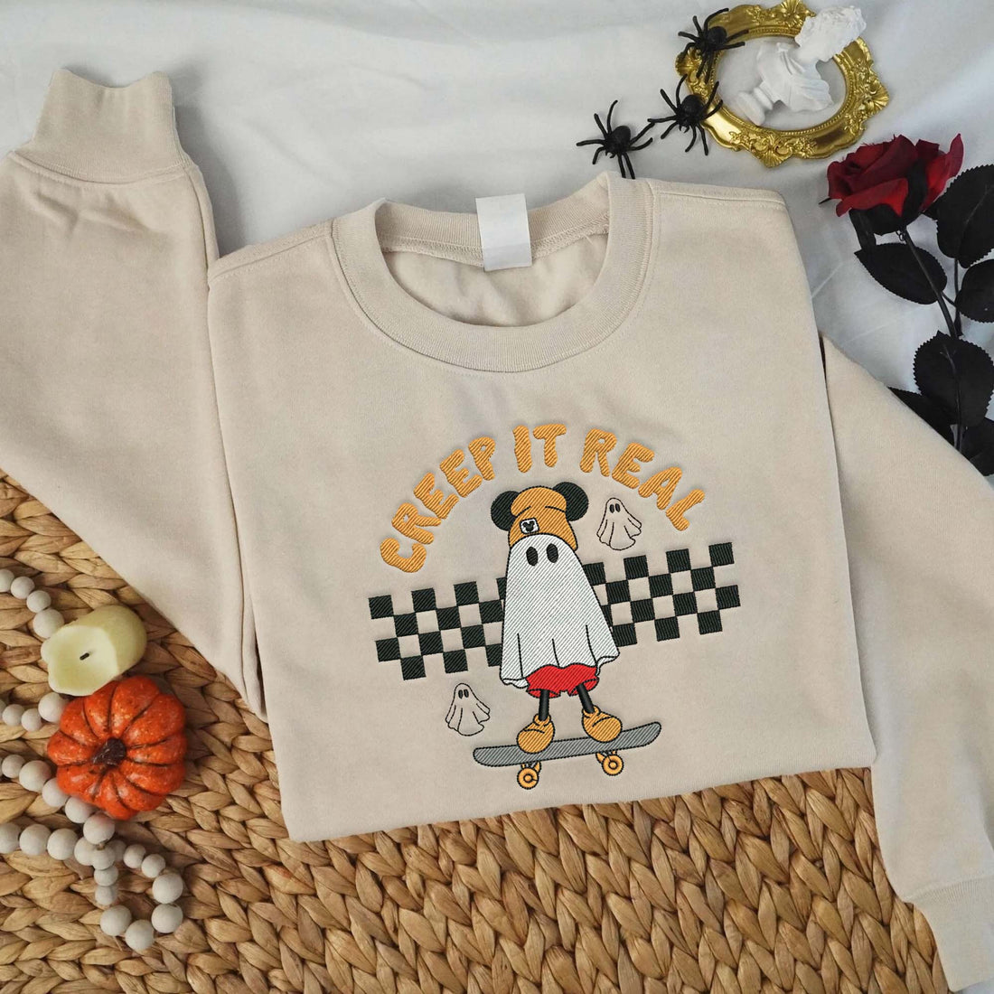 Creep It Real Mouse Ghost Roller Skating Sweatshirt, Halloween Embroidery Sweatshirt HLW_M1178