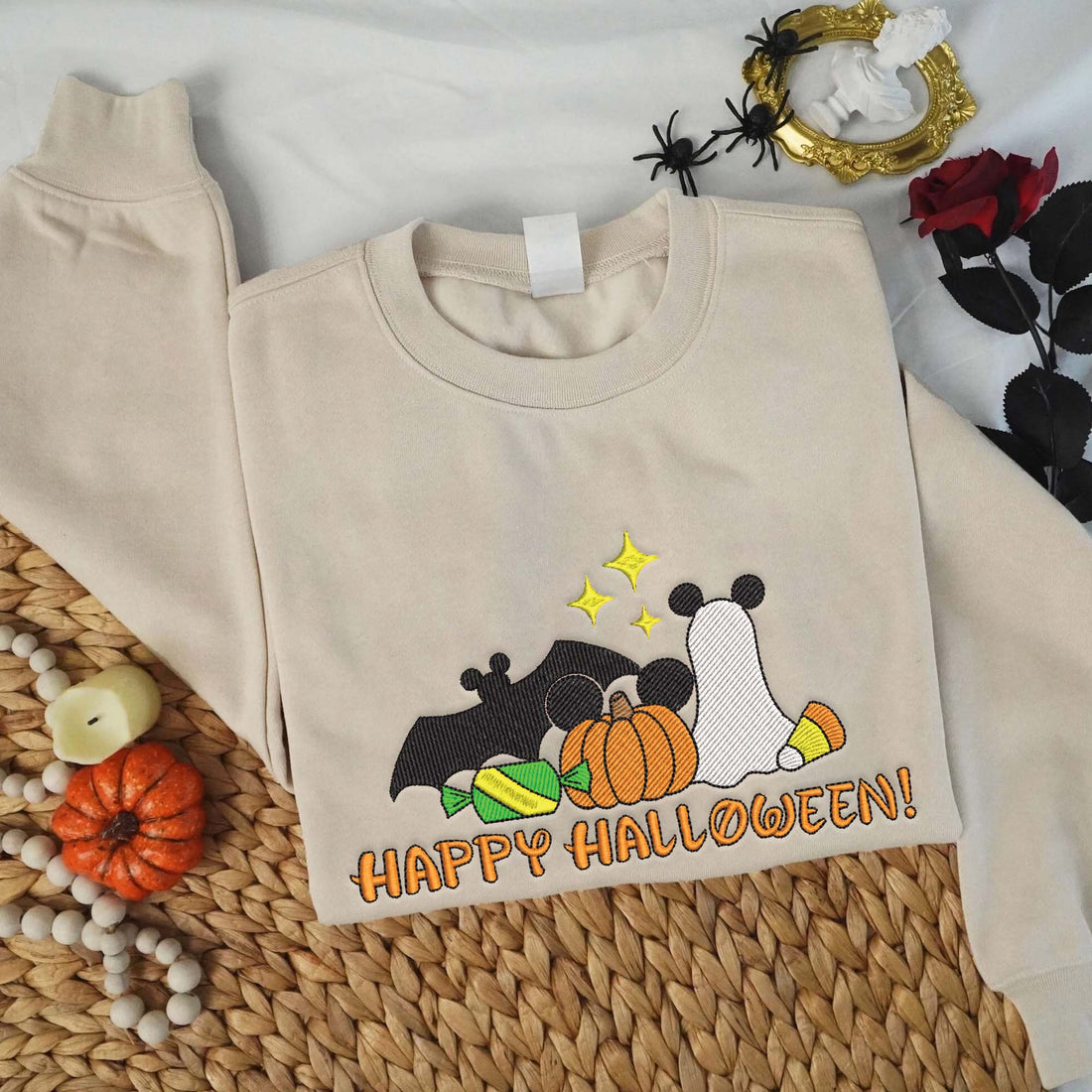 Happy Halloween Pumpkin Ghost Mouse Embroidery Sweatshirt, Halloween Embroidery Sweatshirt HLW_M1392
