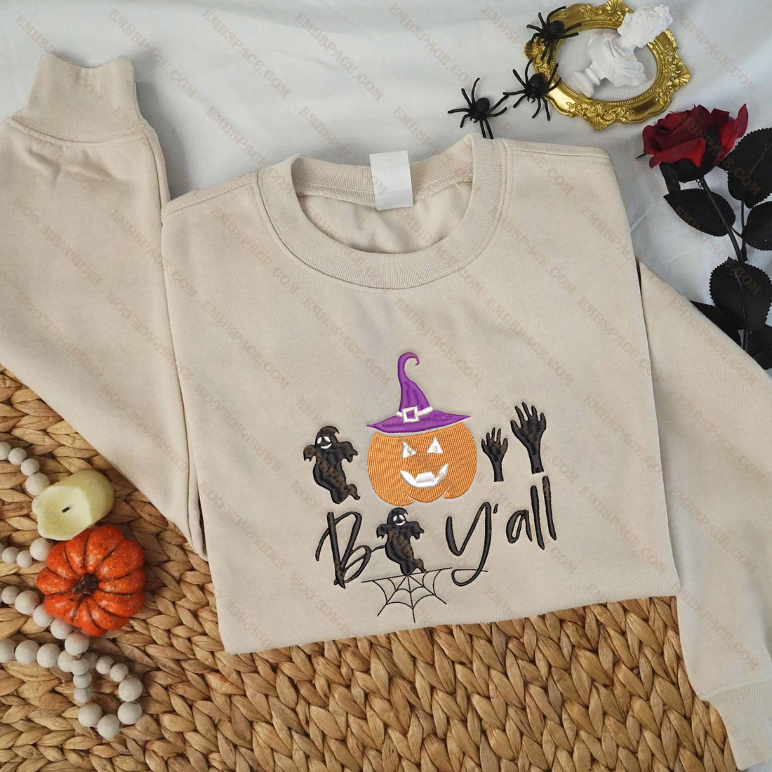 Boo Y'all Pumpkin Ghost Embroidery Sweatshirt, Halloween Embroidery Sweatshirt HLW_M1630