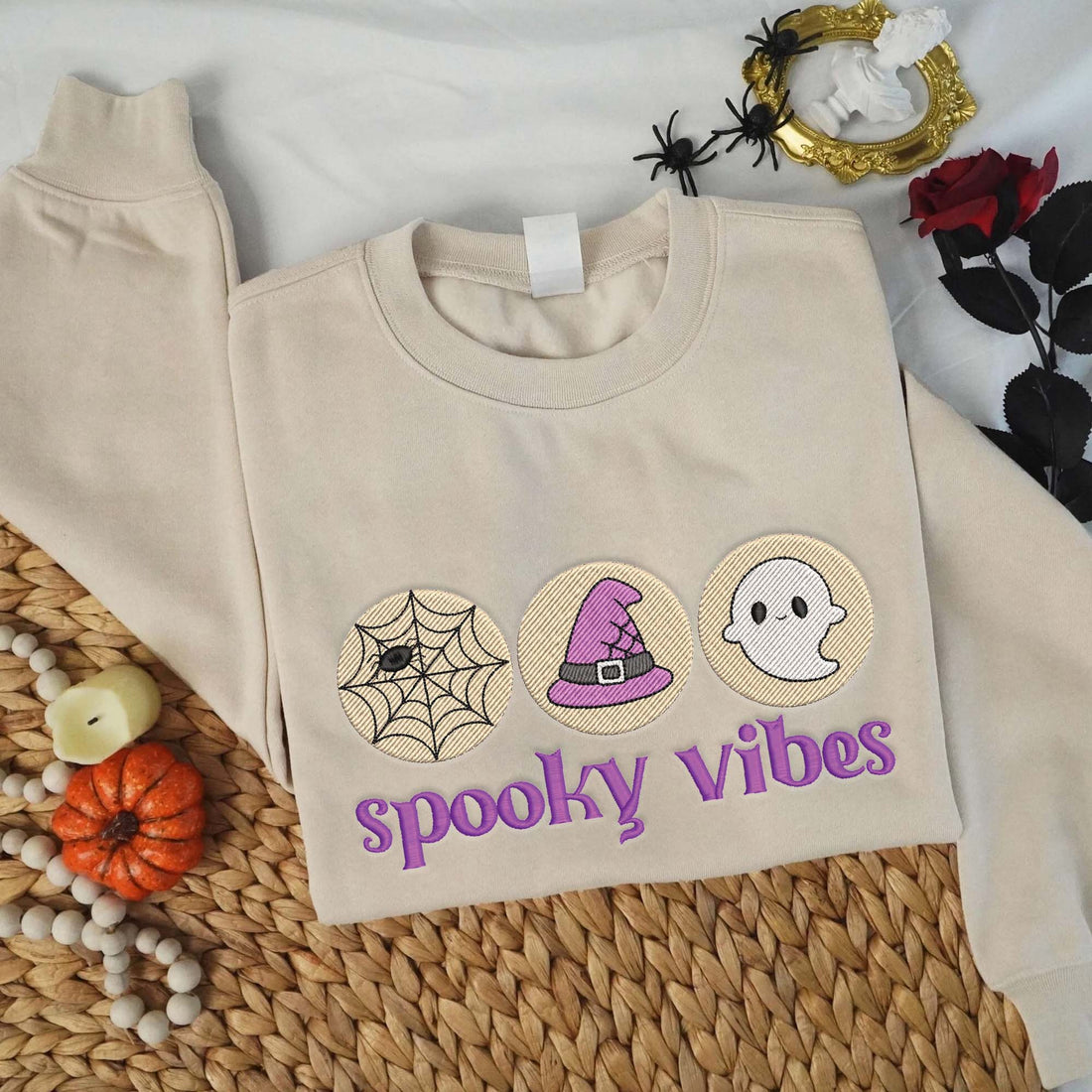 Spooky Vibes Ghost Halloween Embroidery Sweatshirt, Halloween Embroidery Sweatshirt HLW_M1253