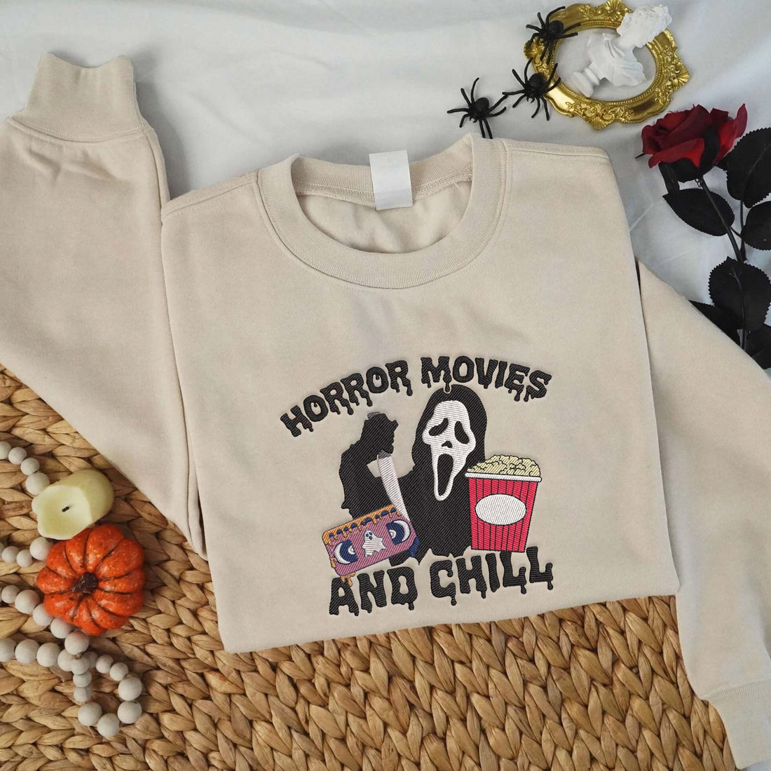 Horror Movies And Chill Embroidery Sweatshirt, Halloween Embroidery Sweatshirt HLW_M1167