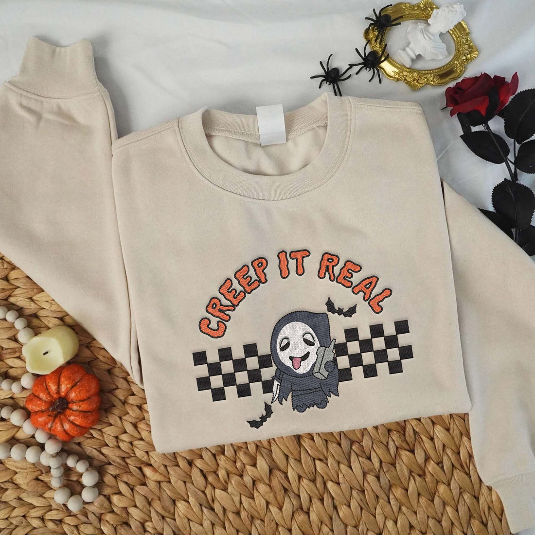 Creep It Real Cute Ghost Halloween Embroidery Sweatshirt, Halloween Embroidery Sweatshirt HLW_M1163