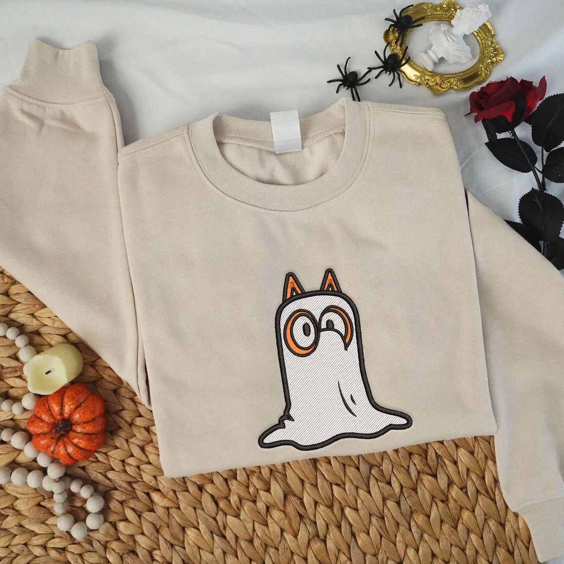 Cute Blue Dog Ghost Halloween Embroidery Sweatshirt, Halloween Embroidery Sweatshirt HLW_M1191