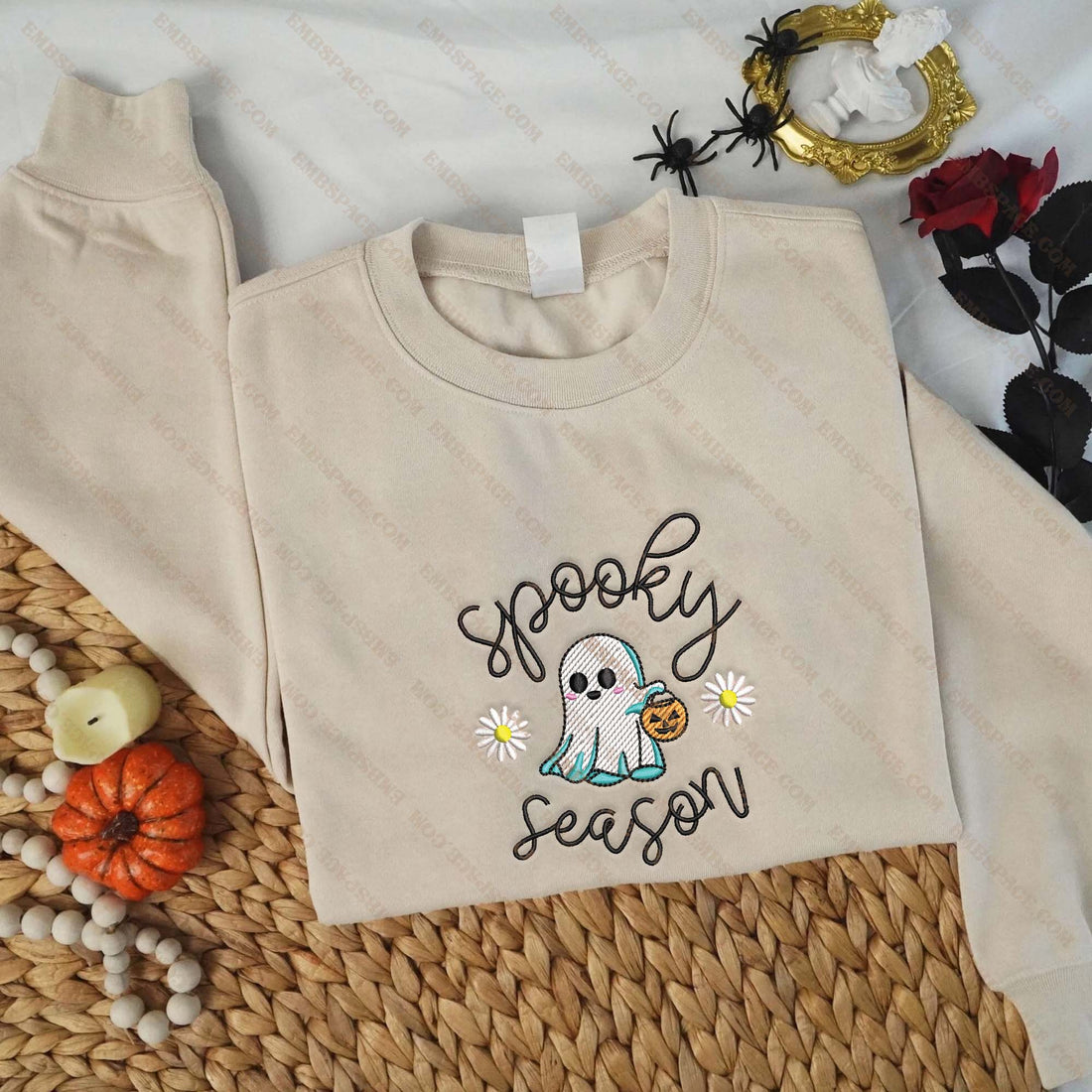 Ghost Spooky Season Ghost Carry Pumpkin Embroidery Sweatshirt, Halloween Embroidery Sweatshirt HLW_M1577