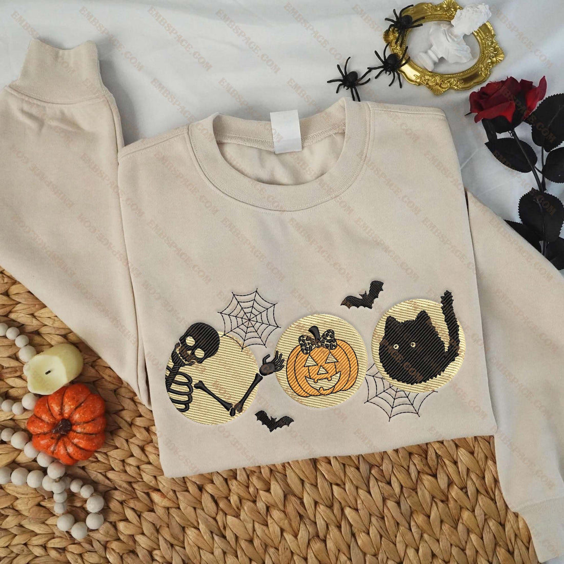 Halloween Cat Skeleton Pumpkin Embroidery Sweatshirt, Halloween Embroidery Sweatshirt HLW_M1500