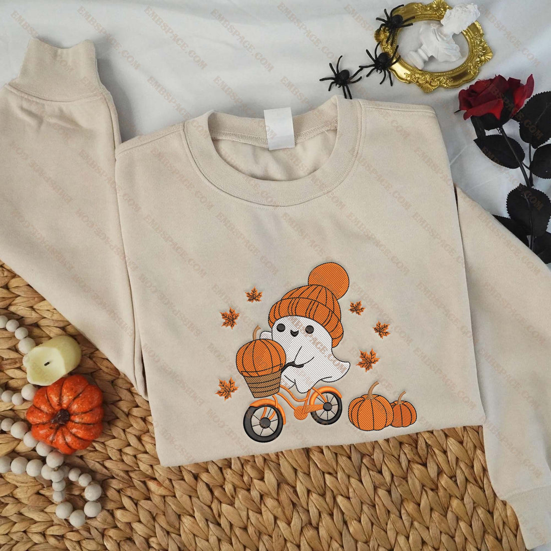Halloween Ghost And Pumpkin Cycling Embroidery Sweatshirt, Halloween Embroidery Sweatshirt HLW_M1506