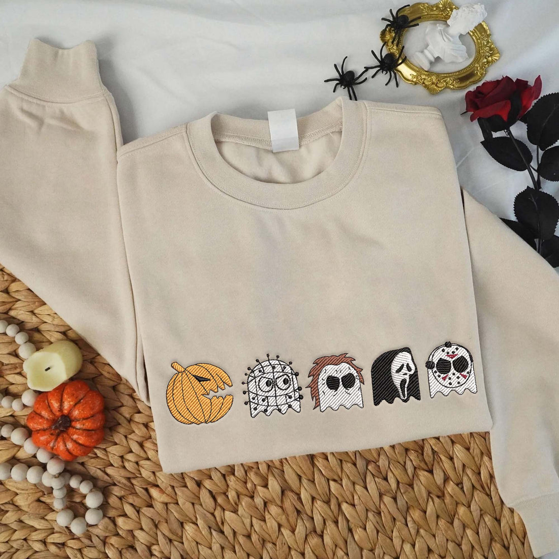 Pumpkin with Head Chibi Horror Characters Halloween Sweatshirt, Halloween Embroidery Sweatshirt HLW_M1171