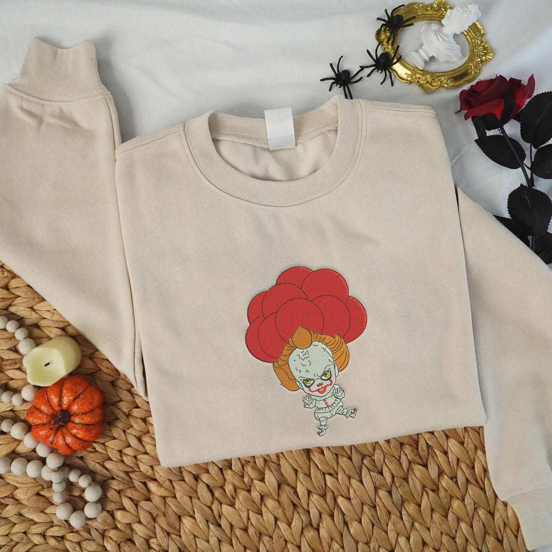 Clown with Balloon Flying Halloween Embroidery Sweatshirt, Halloween Embroidery Sweatshirt HLW_M1365