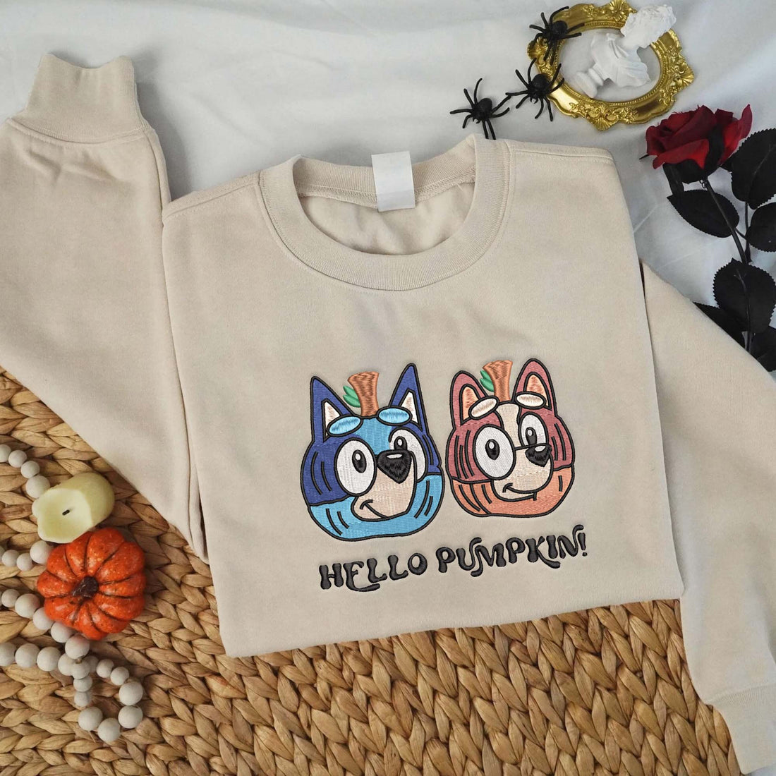 Head Blue Dog Pumpkin Halloween Sweatshirt, Halloween Embroidery Sweatshirt HLW_M1082