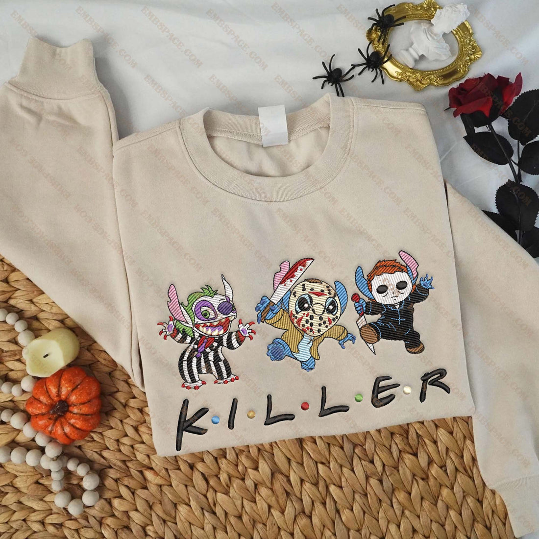 Cartoon Blue Monster Killer Halloween Embroidery Sweatshirt, Halloween Embroidery Sweatshirt HLW_M1517