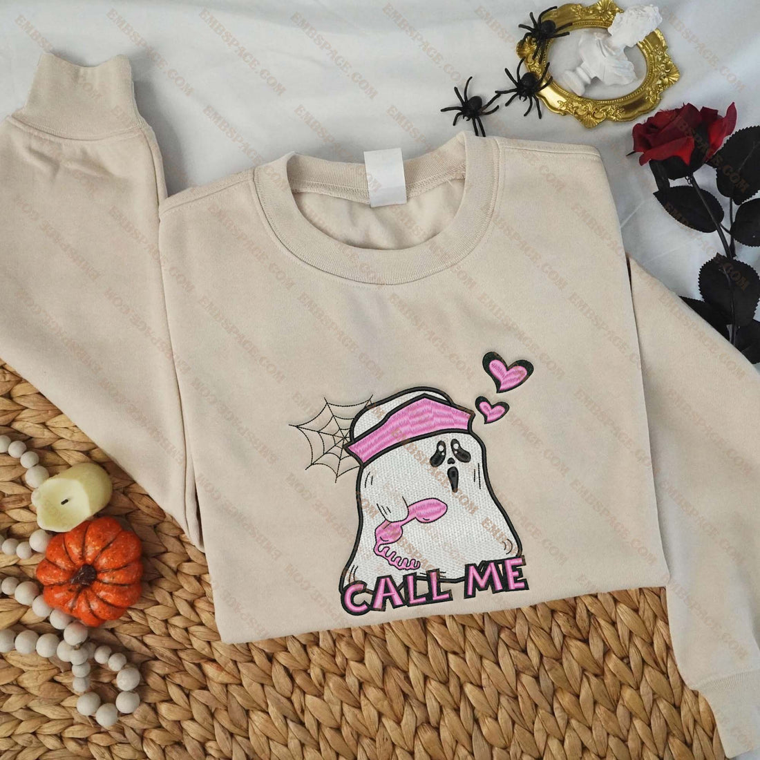 Pink Ghost Call Me Embroidery Sweatshirt, Halloween Embroidery Sweatshirt HLW_M1574