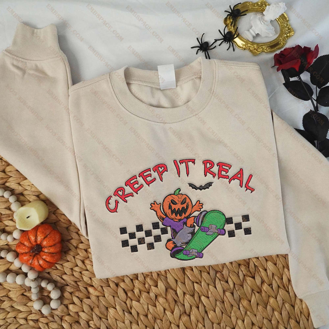 Creep It Real Pumpkin Skateboarding Embroidery Sweatshirt, Halloween Embroidery Sweatshirt HLW_M1636